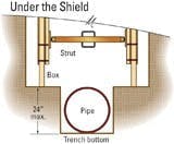 Excavating two feet (maximum) below the bottom of a shield, or the lowest shoring members, is permitted but only if the shield or shore is rated to handle the full depth of the trench and there's no sign of soil loss from behind or below the bottom of the shield. Excavating two feet (maximum) below the bottom of a shield, or the lowest shoring members, is permitted but only if the shield or shore is rated to handle the full depth of the trench and there's no sign of soil loss from behind or below the bottom of the shield.
