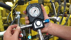 According to the Fluid Power Safety Institute, the Safe-T-Bleed system was developed to meet three safety concerns when working on hydraulic systems: OSHA lock-out/tag-out compliance; safe air bleed; and haphazard pressure checks. Red quick-connect fittings are installed in locations where a hydraulic system is known to potentially store high-pressure oil, and blue fittings are installed in areas of known low pressure. The Safe-T-Bleed instrument allows connecting high-pressure areas to low-pressure areas to de-energize the former, and a pressure gauge confirms depressurization. According to the Fluid Power Safety Institute, the Safe-T-Bleed system was developed to meet three safety concerns when working on hydraulic systems: OSHA lock-out/tag-out compliance; safe air bleed; and haphazard pressure checks. Red quick-connect fittings are installed in locations where a hydraulic system is known to potentially store high-pressure oil, and blue fittings are installed in areas of known low pressure. The Safe-T-Bleed instrument allows connecting high-pressure areas to low-pressure areas to de-energize the former, and a pressure gauge confirms depressurization.