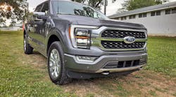 The F-150 gasoline-electric hybrid 4x4 ran well on or off-road. LED head- lamps and neon-like running lights contrasted nicely with “carbonized gray metallic” paint. As with all Ford F-series models, this one’s cab and other body parts are aluminum. The F-150 gasoline-electric hybrid 4x4 ran well on or off-road. LED head- lamps and neon-like running lights contrasted nicely with “carbonized gray metallic” paint. As with all Ford F-series models, this one’s cab and other body parts are aluminum.