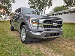 The F-150 gasoline-electric hybrid 4x4 ran well on or off-road. LED head- lamps and neon-like running lights contrasted nicely with &ldquo;carbonized gray metallic&rdquo; paint. As with all Ford F-series models, this one&rsquo;s cab and other body parts are aluminum.