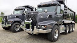 Volvo VHD-300 daycab dump trucks include axle-forward (left) and axle-back 6x4 versions. Twin-steer, 8x8, and tractor configurations are also available. Edgy styling was part of a 2019 redesign, but the large steel cab from highway models dates to VHD&rsquo;s introduction in the mid-1990s.