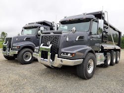 Volvo VHD-300 daycab dump trucks include axle-forward (left) and axle-back 6x4 versions. Twin-steer, 8x8, and tractor configurations are also available. Edgy styling was part of a 2019 redesign, but the large steel cab from highway models dates to VHD’s introduction in the mid-1990s. Volvo VHD-300 daycab dump trucks include axle-forward (left) and axle-back 6x4 versions. Twin-steer, 8x8, and tractor configurations are also available. Edgy styling was part of a 2019 redesign, but the large steel cab from highway models dates to VHD’s introduction in the mid-1990s.