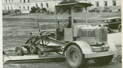 As the world&rsquo;s first integral motor grader, the Auto Patrol was marketed heavily to states for road maintenance. This image from a 1932 Caterpillar advertisement shows one at work behind the Arkansas State Capitol. (Roads &amp; Streets magazine, January 1932)