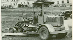 As the world’s first integral motor grader, the Auto Patrol was marketed heavily to states for road maintenance. This image from a 1932 Caterpillar advertisement shows one at work behind the Arkansas State Capitol. (Roads & Streets magazine, January 1932)