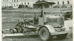 As the world&rsquo;s first integral motor grader, the Auto Patrol was marketed heavily to states for road maintenance. This image from a 1932 Caterpillar advertisement shows one at work behind the Arkansas State Capitol. (Roads &amp; Streets magazine, January 1932)