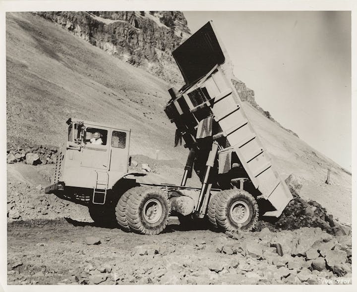 When introduced in 1964, the all-wheel-drive, 45-ton capacity International 180 Payhauler was unlike anything else on the market. Judging by the terrain behind it, the site is probably the I-80 and Union Pacific Railroad relocations for John Day Dam on the Oregon bank of the Columbia River.