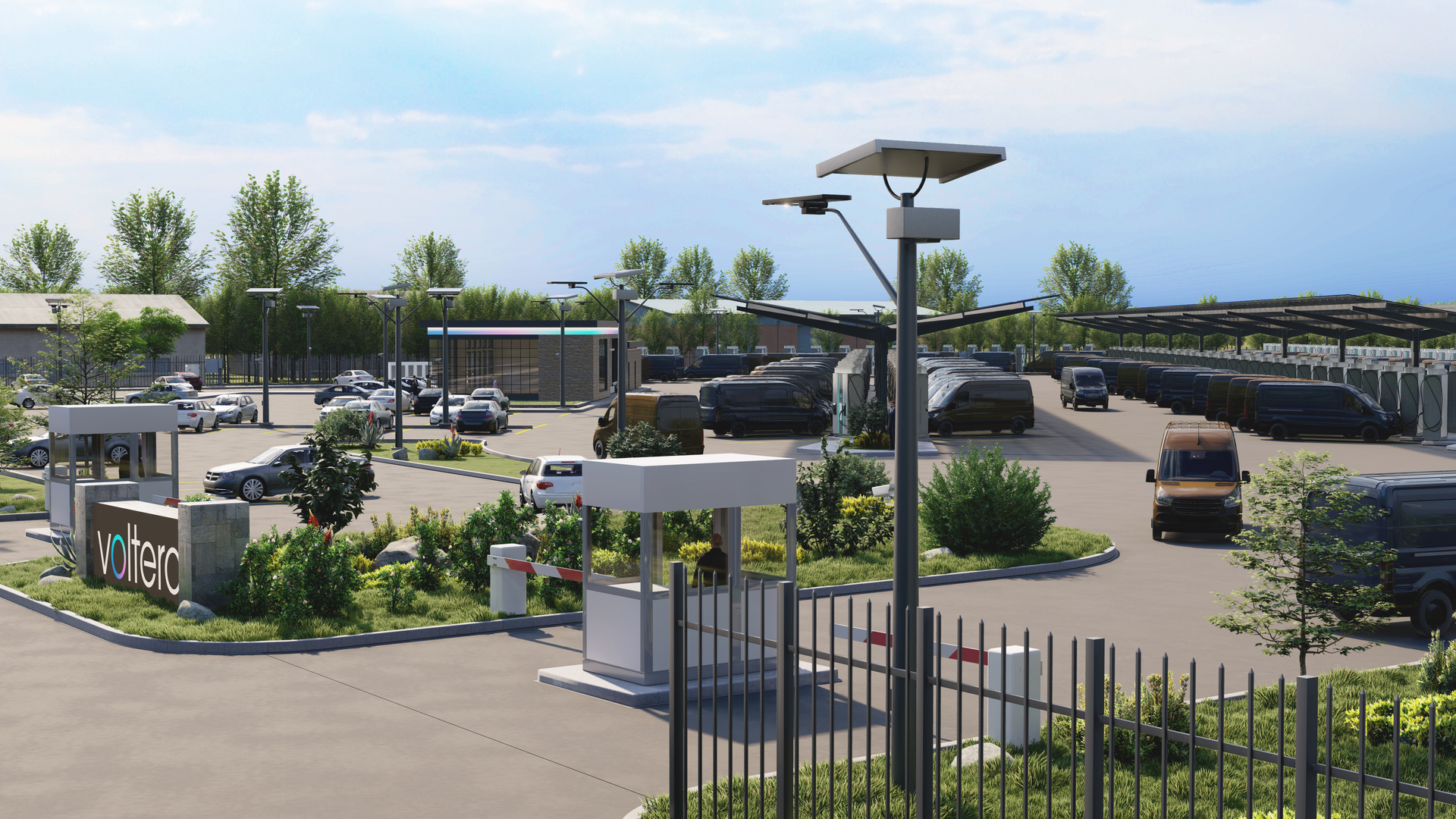 An example of one kind of EV charging facility that Voltera could build, own, and operate for a delivery and distribution company looking to electrify its fleet.