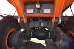 Doosan's rearview camera is situated just below the spotlight. Doosan's rearview camera is situated just below the spotlight.