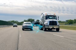 Side-looking radar, part of Detroit Assurance safety equipment to be available on SD (severe duty) Plus vocational and M2 Plus medium-duty models, helps drivers avoid blind-side collisions with other traffic. Current aluminum-skinned, steel reinforced cabs will be fitted with improved interiors in the Plus series, due out in next year’s third quarter. Side-looking radar, part of Detroit Assurance safety equipment to be available on SD (severe duty) Plus vocational and M2 Plus medium-duty models, helps drivers avoid blind-side collisions with other traffic. Current aluminum-skinned, steel reinforced cabs will be fitted with improved interiors in the Plus series, due out in next year’s third quarter.