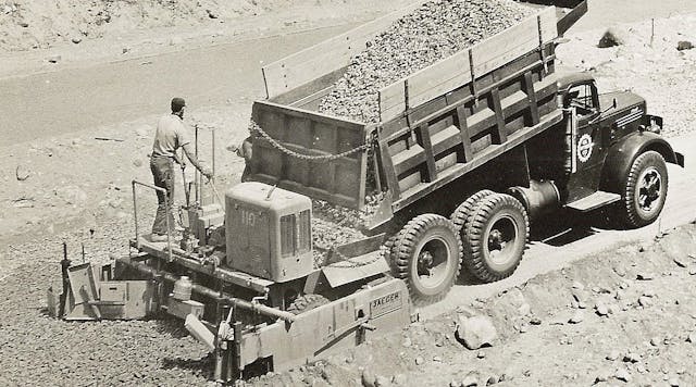 A Jaeger SPS-W series base paver lays material on part of the Pennsylvania Turnpike. The &ldquo;W&rdquo; indicates wheel mounting instead of crawlers.