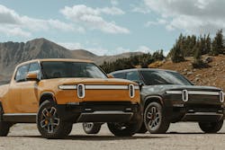 Rivian electric pickups. Battery packs can make them heavier than conventional models.