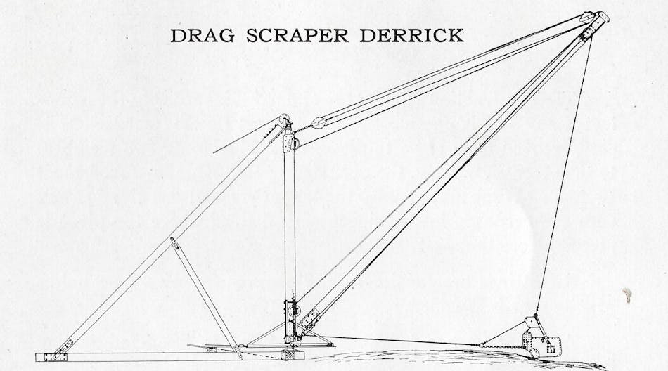 The Drag Scraper Derrick is especially adapted for conditions requiring this means of handling material, but where the high cost of a dragline excavating machine is prohibitive. This derrick is made convertible, employing our improved fittings. It may be used for drag bucket work and block hoisting. It may be mounted on skids and rollers, or wheels mounted on wide gauge track to suit the nature of the contract on which it is to be used. When writing for prices and information, give full particulars as to the work to be done and the kind of material to be handled.