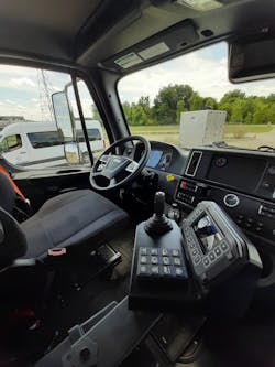 The Plus series&rsquo; enhanced interior includes more effective insulation and nicer looking dashboard with large panels for instruments, switches, and controls. The console has a joystick and buttons to operate the Beck mixer body.
