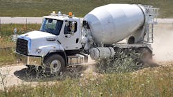 The 114SD Plus mixer truck scoots along a gravel trail at a test center outside Ypsilanti. Rough portions of two off-road courses gave the chassis a workout, but it never faltered. Not used here were the Detroit Assurance safety systems that can help prevent accidents on highways. Powertrain includes a 440-horsepower Cummins X12, an Allison automatic, and Meritor rear axles. The 114SD Plus mixer truck scoots along a gravel trail at a test center outside Ypsilanti. Rough portions of two off-road courses gave the chassis a workout, but it never faltered. Not used here were the Detroit Assurance safety systems that can help prevent accidents on highways. Powertrain includes a 440-horsepower Cummins X12, an Allison automatic, and Meritor rear axles.