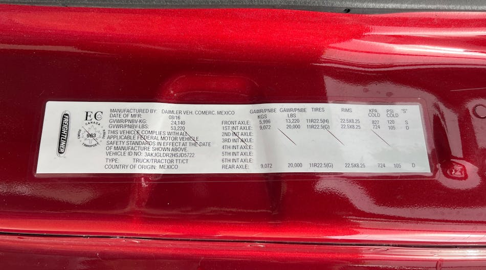 This vehicle certification label calls for steer tires with a Load Range H to support the front axle GAWR of 13,220 lb., while the rear axles require tires with a Load Range G.