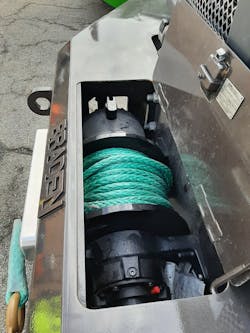 The Braden steel “recovery” bumper houses a hydraulically driven winch that’s rated for 20,000 pounds and will pull the truck up a hill or out of a ditch. A capstan can be slipped onto a side shaft to pull ropes or utility lines. The Braden steel “recovery” bumper houses a hydraulically driven winch that’s rated for 20,000 pounds and will pull the truck up a hill or out of a ditch. A capstan can be slipped onto a side shaft to pull ropes or utility lines.