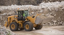 The 269-horsepower Cat 962 wheel loader has a full turn static tipping load of 27,529 pounds.