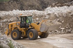 The 269-horsepower Cat 962 wheel loader has a full turn static tipping load of 27,529 pounds. The 269-horsepower Cat 962 wheel loader has a full turn static tipping load of 27,529 pounds.