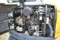 A 48-horsepower Perkins engine powers the unit. As a European Stage V engine, it features a DPF filter that has the exact same life expectancy as the engine. There is no inhibit switch to cancel constant passive regeneration. A 48-horsepower Perkins engine powers the unit. As a European Stage V engine, it features a DPF filter that has the exact same life expectancy as the engine. There is no inhibit switch to cancel constant passive regeneration.