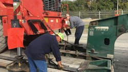 Use designated tie-down points on machinery. 'Freelancing' tie-downs in other places could result in damage to the machine. Use designated tie-down points on machinery. 'Freelancing' tie-downs in other places could result in damage to the machine.