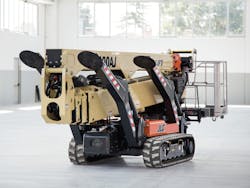 Rubber tracks enable a tracked boom lift to operate indoors as well as outdoors. Rubber tracks enable a tracked boom lift to operate indoors as well as outdoors.