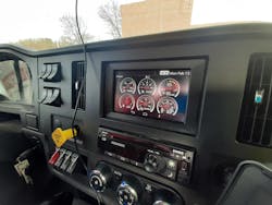 The seven-inch color monitor can display much information. Here it’s showing six engine- and component-condition gauges. Bendix electronic safety equipment includes adaptive cruise control, which varies truck speed according to traffic ahead, and collision mitigation, which will slow and stop the truck if necessary. The seven-inch color monitor can display much information. Here it’s showing six engine- and component-condition gauges. Bendix electronic safety equipment includes adaptive cruise control, which varies truck speed according to traffic ahead, and collision mitigation, which will slow and stop the truck if necessary.