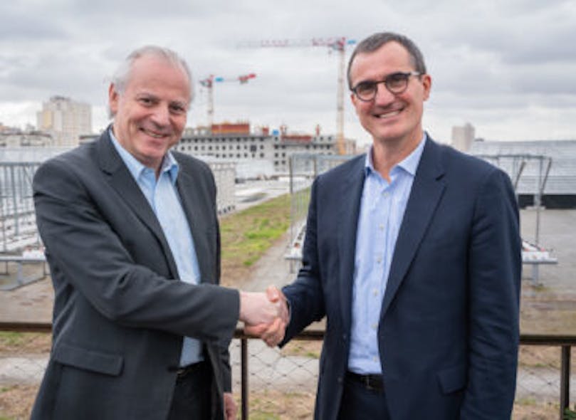 Michel Denis (left), president &amp; CEO Manitou Group and François Renault, group fleet and sustainability director of Kiloutou Group.