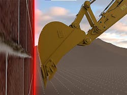 Cat Detect proximity-sensing E-wall sets a wall boundary in front of the excavator to stop the boom and stick from breaking that boundary.