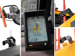 The Volvo Smart View system, seen here on a Volvo excavator, uses front, rear and side cameras to provide a real-time, overhead view of the machine during operation on the in-cab monitor. The Volvo Smart View system, seen here on a Volvo excavator, uses front, rear and side cameras to provide a real-time, overhead view of the machine during operation on the in-cab monitor.