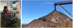 An operator (left) controls the Komatsu D375Ai-8 at the mine's stockpile. An operator (left) controls the Komatsu D375Ai-8 at the mine's stockpile.