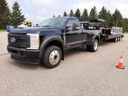 2023 F-450 with the High Output version of Ford&rsquo;s 6.7-liter V-8 diesel is rated to pull up to 40,000 pounds, the declared weight of this pig iron-laden gooseneck trailer. The Regular Cab dually&rsquo;s base XL trim is plain but still comfortable. Engine lineup also includes another Power Stroke diesel and two hefty gasoline V-8s, all mated to 10-speed automatic transmissions.