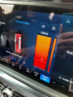 Optional on-board scale’s potentiometer measures load-induced deflection between frame and a suspension component (here it’s the right-front control arm) to calculate weight. That’s displayed in pounds on the in-dash screen and indicated by vertical sequencing of amber rear turn signals. Optional on-board scale’s potentiometer measures load-induced deflection between frame and a suspension component (here it’s the right-front control arm) to calculate weight. That’s displayed in pounds on the in-dash screen and indicated by vertical sequencing of amber rear turn signals.