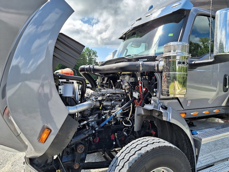 The International S13 diesel has a clean, uncluttered look. Most routine service points are on the left side. Six vocational ratings, from 370 to 515 horsepower, are offered. The engine and T14 automated transmission weigh 3,197 pounds. A Cummins X15 with Eaton AMT is optional in an HX520. Both have setback steer axles, while steer ales are set forward in HX530 and 630 models; HX520&rsquo;s is set forward.