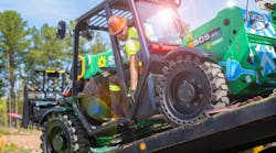 An JCB Loadall electric telehandler is unloaded on a job site. Telehandlers, and other small equipment with traditionally high idle times, were natural starters for rental companies looking to offer electric equipment. An JCB Loadall electric telehandler is unloaded on a job site. Telehandlers, and other small equipment with traditionally high idle times, were natural starters for rental companies looking to offer electric equipment.