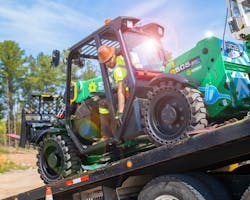 An JCB Loadall electric telehandler is unloaded on a job site. Telehandlers, and other small equipment with traditionally high idle times, were natural starters for rental companies looking to offer electric equipment. An JCB Loadall electric telehandler is unloaded on a job site. Telehandlers, and other small equipment with traditionally high idle times, were natural starters for rental companies looking to offer electric equipment.