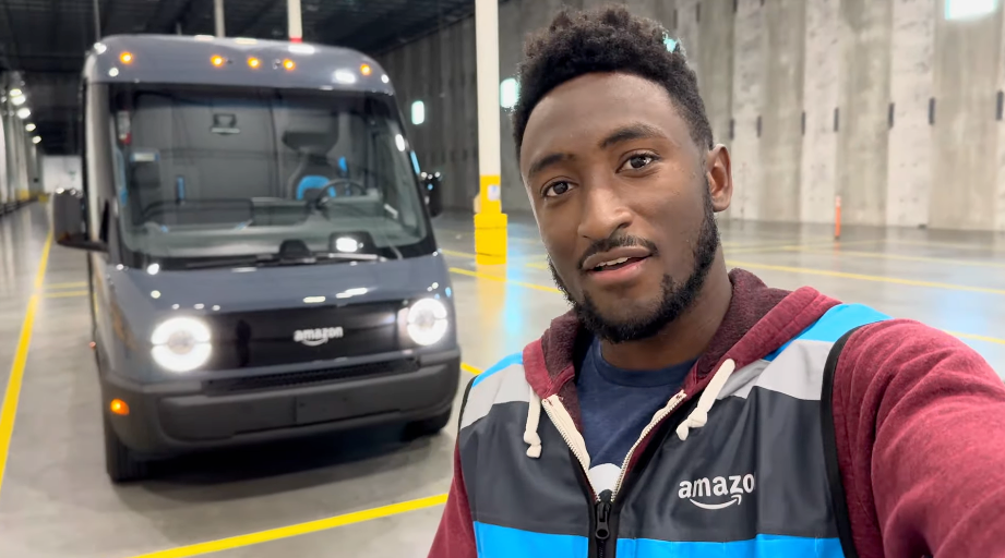 A screenshot from the Auto Focus video walk around of a Rivian electric van.