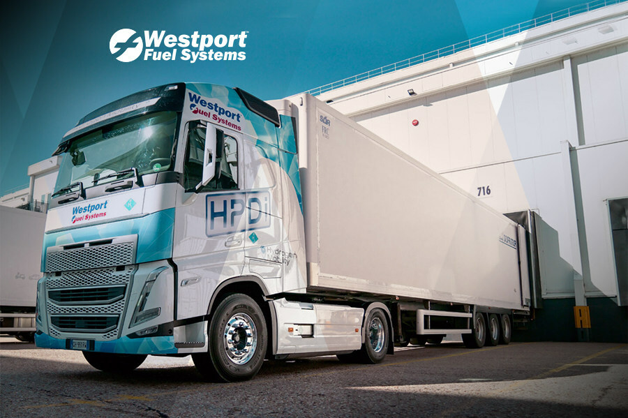 The Westport H2 HPDI fuel system-equipped demonstration truck unloading fresh freight at the Mercadona logistics hub in Getafe, Spain.