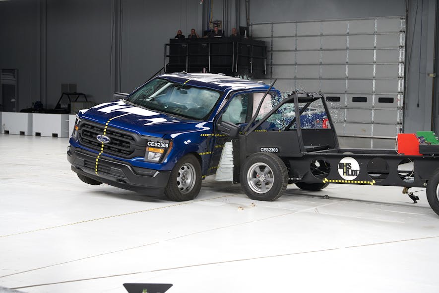 A 2023 Ford F-150 crew cab undergoes the IIHS updated side crash test.