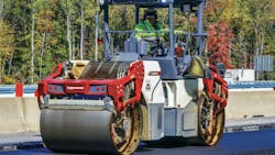 The Dynapac CC2200 VI asphalt roller with Seismic technology weighs 7.6 tons and features a 59-inch drum.