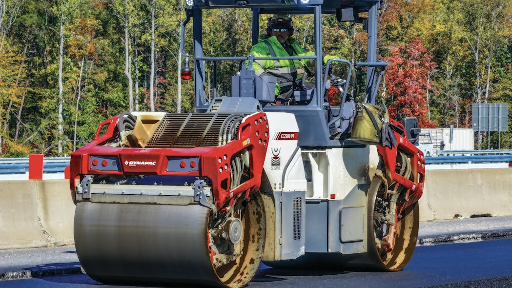 The Dynapac CC2200 VI asphalt roller with Seismic technology weighs 7.6 tons and features a 59-inch drum.