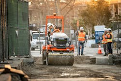 Skanska is using a Hamm electric roller to compact subgrade and crushed aggregate at the Fairfax station in Los Angeles. Skanska is using a Hamm electric roller to compact subgrade and crushed aggregate at the Fairfax station in Los Angeles.