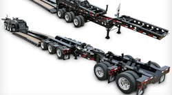 The trailer has a hydraulic detachable gooseneck and a tridem axle bogie. The trailer has a hydraulic detachable gooseneck and a tridem axle bogie.