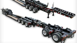 The trailer has a hydraulic detachable gooseneck and a tridem axle bogie. The trailer has a hydraulic detachable gooseneck and a tridem axle bogie.