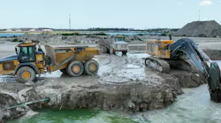 Tomahawk’s Teleo enabled articulated dump trucks ready to be loaded by an excavator in Naples, Florida.
