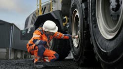 Check tire conditions before operating an articulated dump truck. Check tire conditions before operating an articulated dump truck.