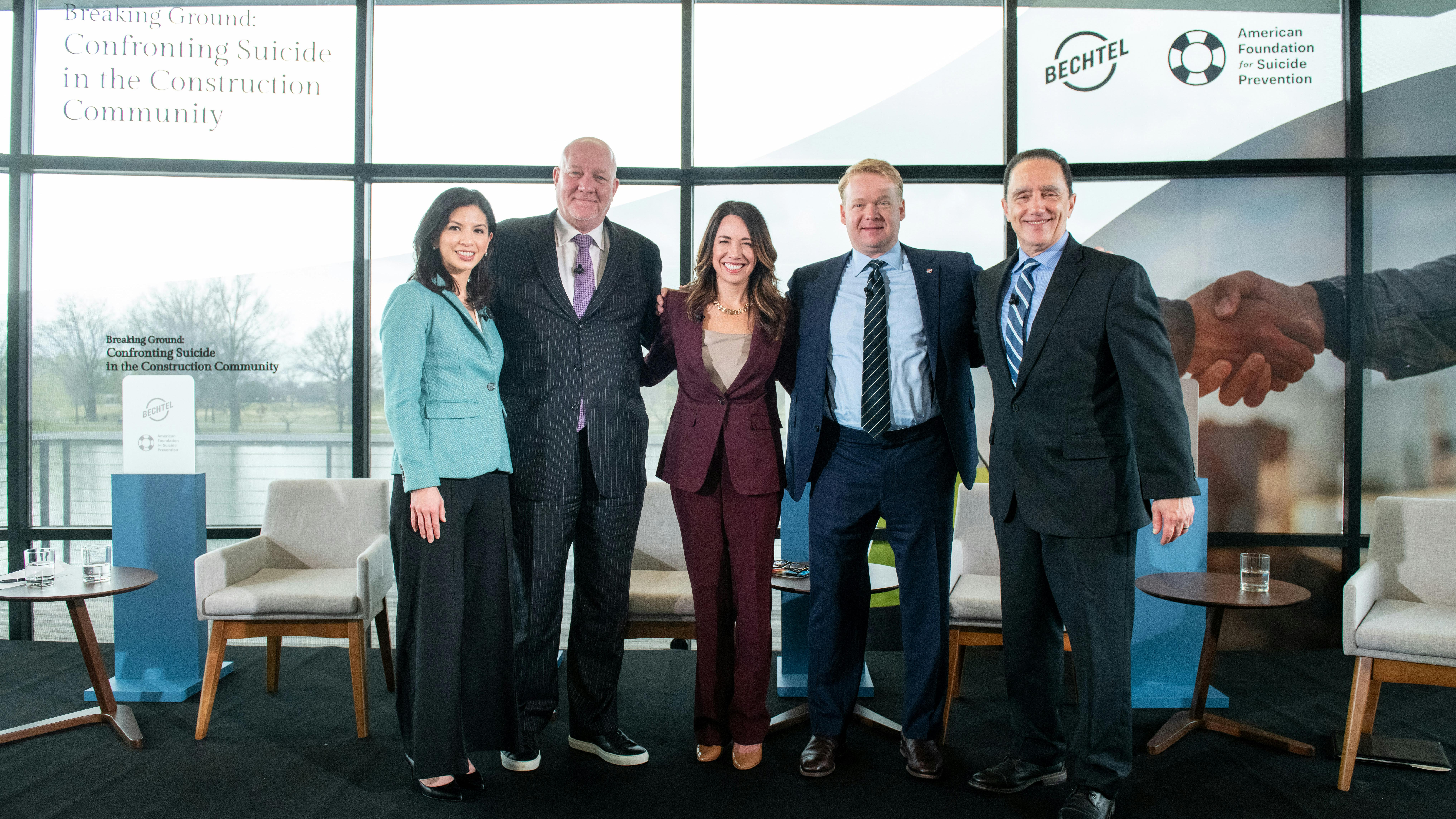 Shot from press conference announcing the partnership. Attendees from left to right include: Sean McGarvey president of North America&rsquo;s Building Trades, Christine Yu Moutier, M.D. CMO AFSP, Brendan Bechtel chairman CEO of Bechtel, and Robert Gebbia CEO AFSP.