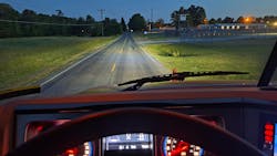 Stronger, whiter illumination from LEDs is somewhat washed out by lingering twilight. Because the LEDs were aimed too low, their high beams were equivalent in distance to the halogens’ low beams. Under like conditions, LEDs are as much as 50% brighter, Mack says. Stronger, whiter illumination from LEDs is somewhat washed out by lingering twilight. Because the LEDs were aimed too low, their high beams were equivalent in distance to the halogens’ low beams. Under like conditions, LEDs are as much as 50% brighter, Mack says.