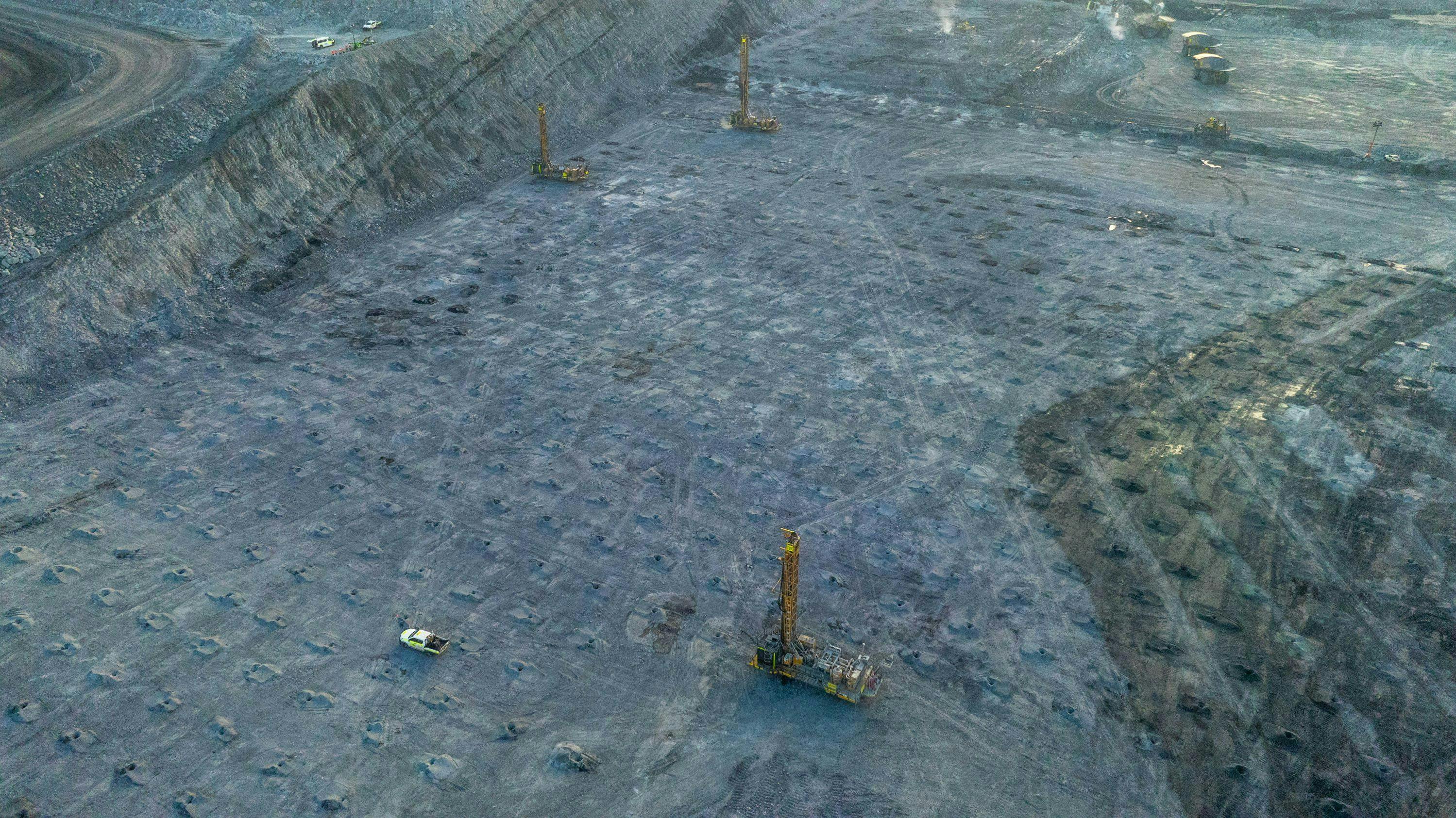 Aerial view of the three autonomous drills at the Mt. Arthur South mine.