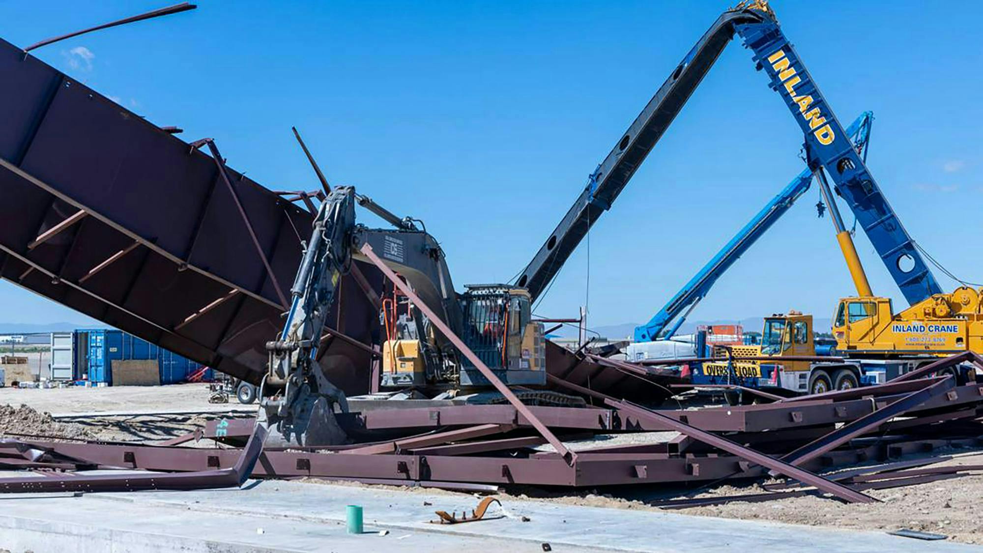 A telescopic boom damaged by the hangar collapse on Boise Airport in January.