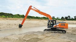 Maximum reach on the super long front excavator is 50 feet 4 inches. Maximum reach on the super long front excavator is 50 feet 4 inches.